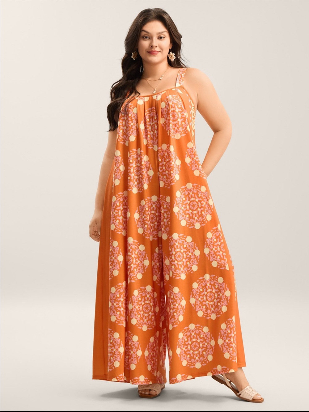 BloomChic Orange Print Wide-Leg Jumpsuit size 1X (14-16)